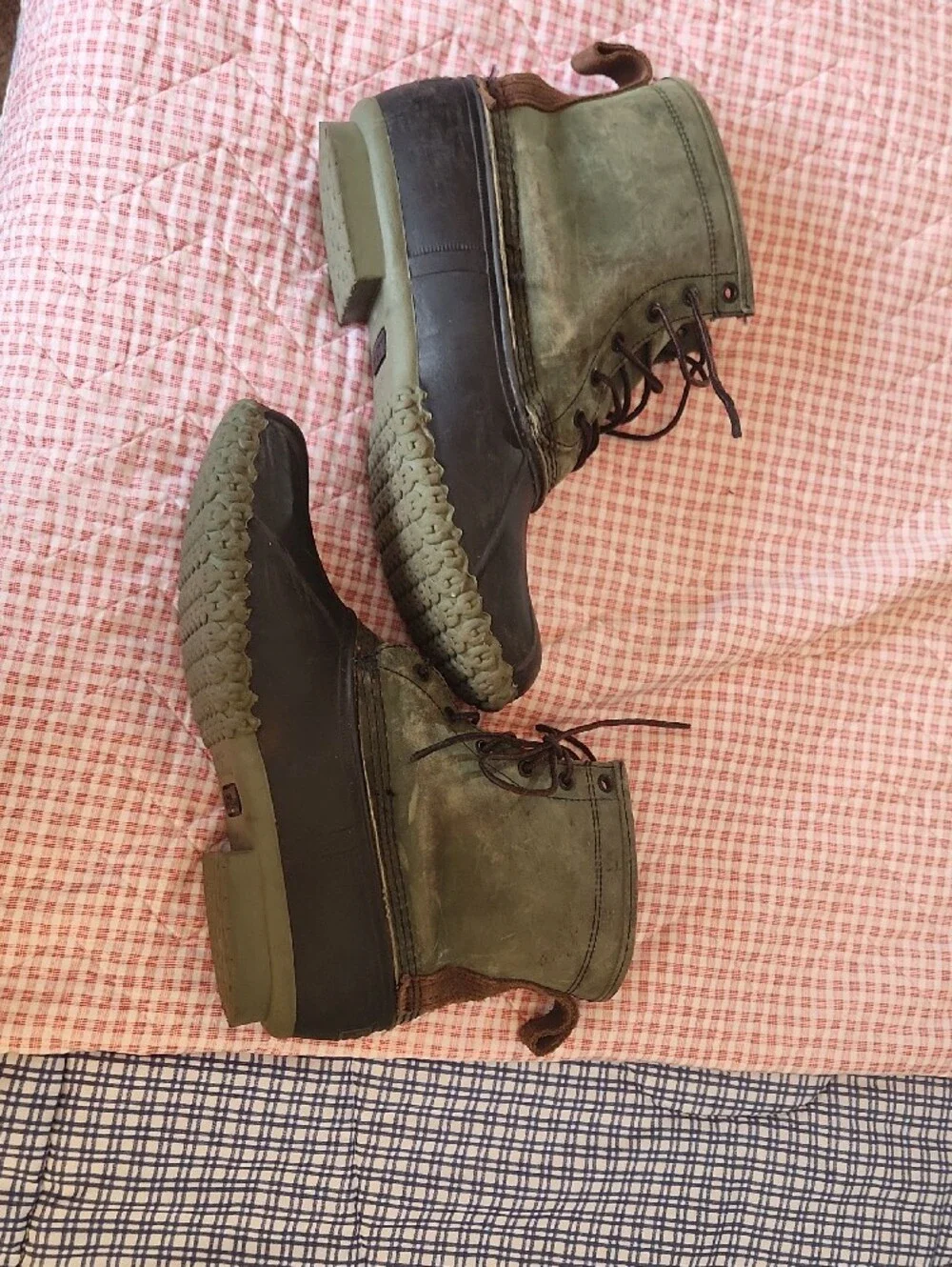 L.L. Bean Olive Green Black Brown Leather Rubber Duck Boots Lined 11M Fishing